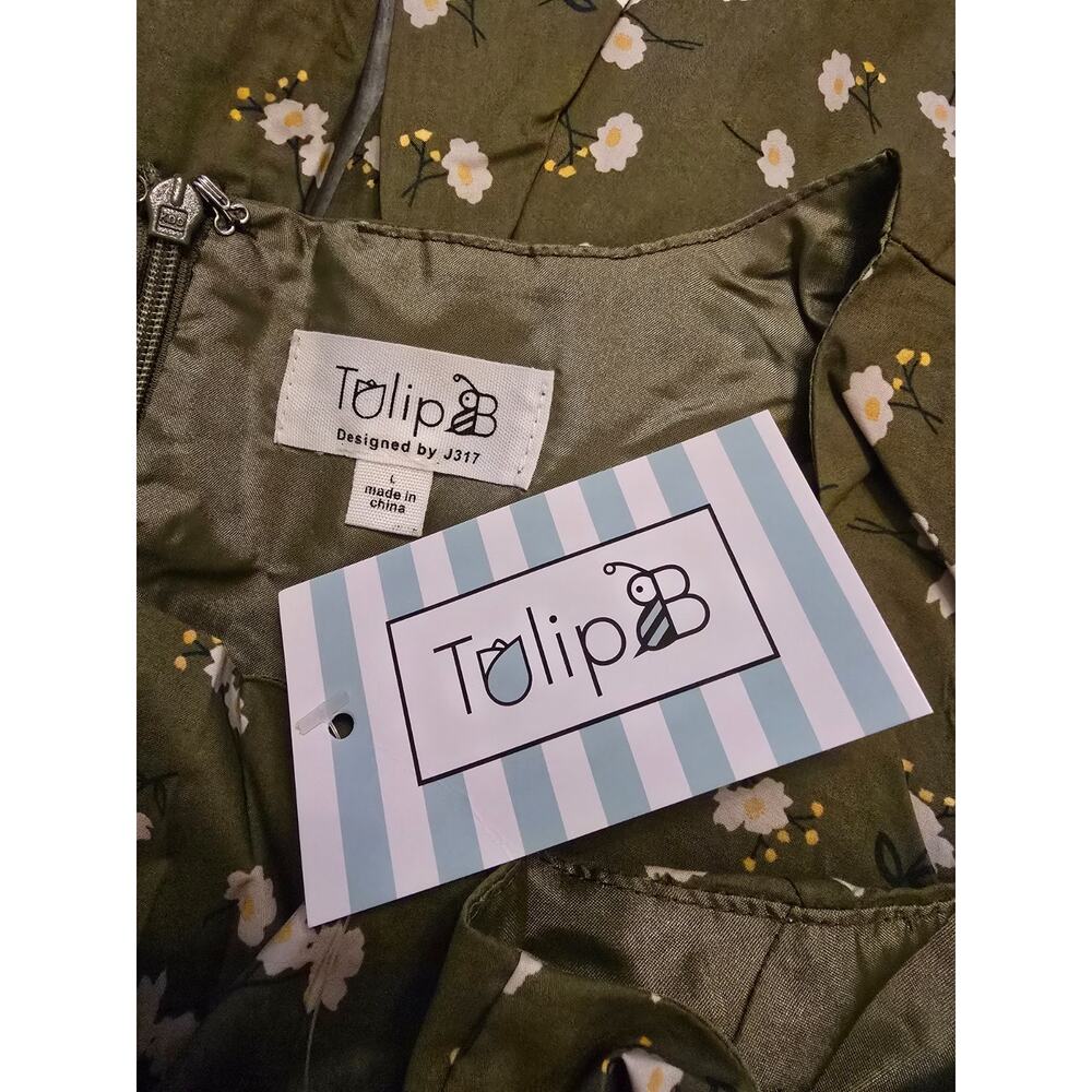 Tulip B Large Olive Green Floral Cotton Fit Flare Midi Dress NWT - Picture 4 of 8